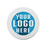 Round custom printed recyclable medium weight coaster with "Your Logo Here" on white background