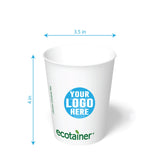 12 oz. custom printed compostable paper cup with ‘Your Logo Here’ and green "ecotainer" text, showing measurements in inches