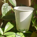 One 12 oz white paper cup with green "ecotainer" text near base, placed inside green plant leaves with foliage background