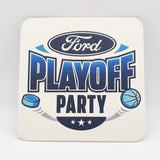 White square medium weight coaster, with "Ford Playoff Party" logo in blue, on a white table